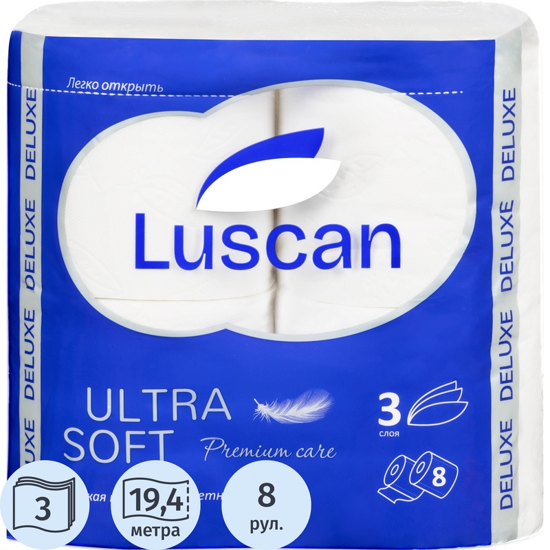 Изображение товара Туалетная бумага Luscan Deluxe 3-слойная белая 8 рулонов