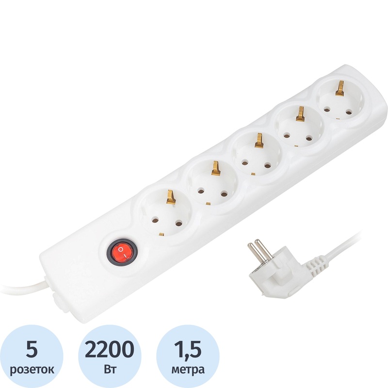 Изображение товара Сетевой фильтр BigTech BT510-1.5-W на 5 розеток 1.5 м защита от перегрузки