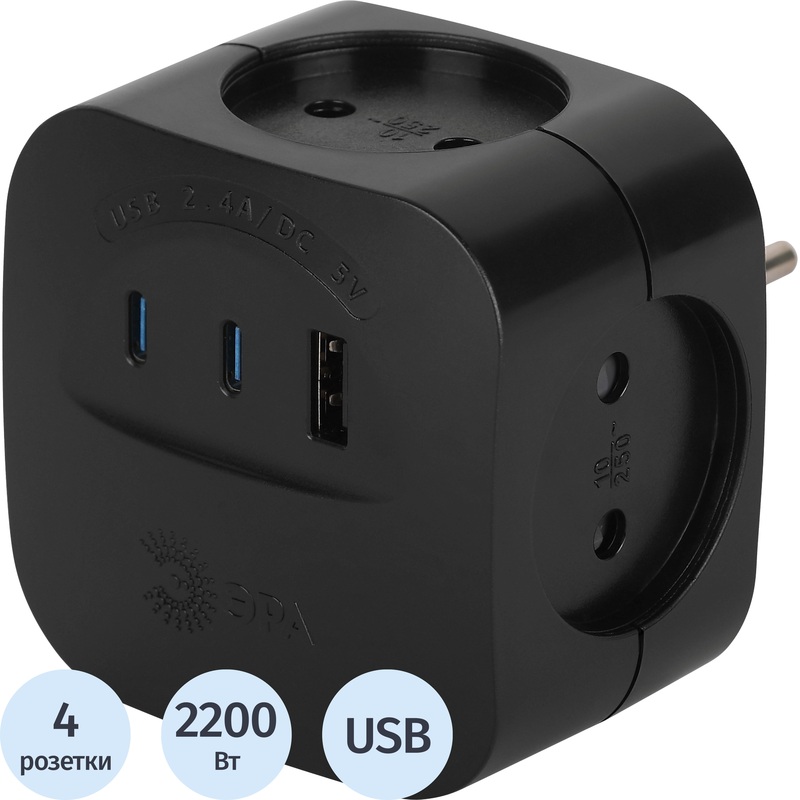 Изображение товара Разветвитель Эра SP-4-3USBAC-B 4 розетки + USB (Б0069084)