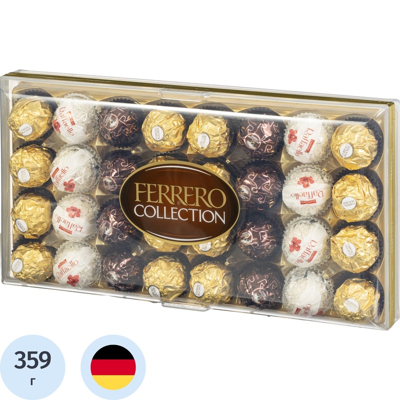 Изображение товара Конфеты Ferrero Collection ассорти 359г — шоколадные деликатесы с орехами и кокосом