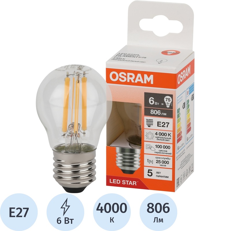 Изображение товара Лампа светодиодная филаментная Osram 6 Вт E27 P 4000 К 806 Лм (4058075684751)