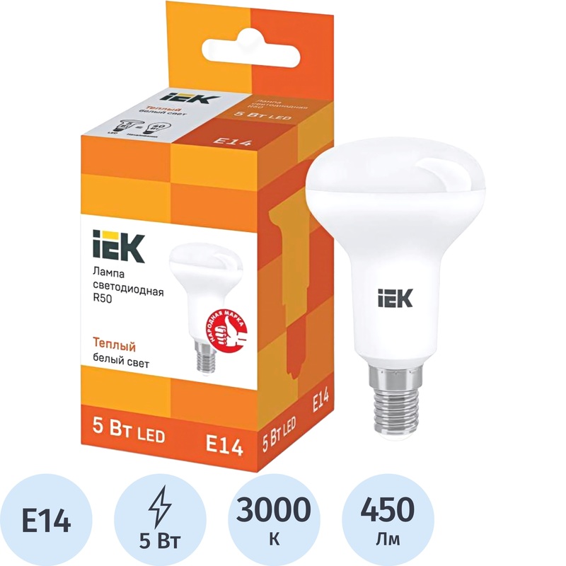Изображение товара Светодиодная лампа IEK E14 5 Вт 3000K 450Лм матовая