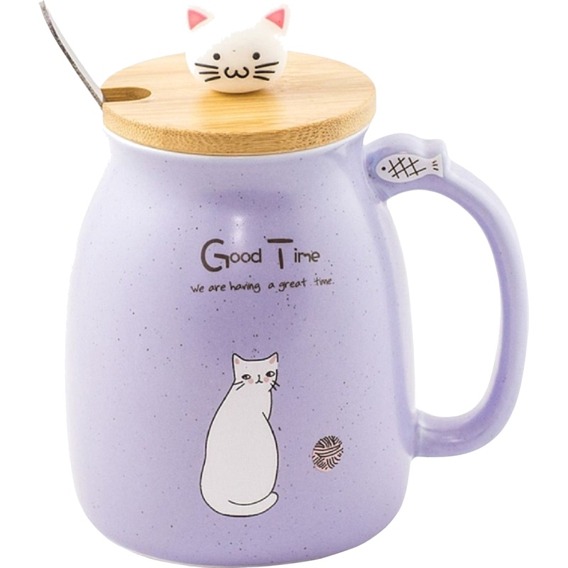 Изображение товара Керамическая кружка с крышкой и ложкой Эврика Котик 400 мл фиолетовая