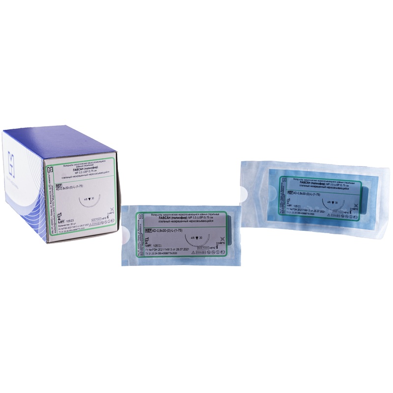 Изображение товара Шовный материал Лавсан 0 75 см режущая игла 30 мм 0 (3.5) (20 штук в упаковке)