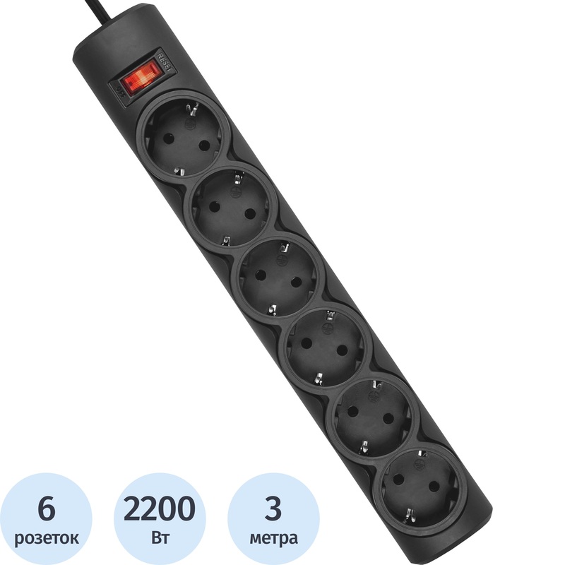Изображение товара Сетевой фильтр Defender DFS 153 на 6 розеток 3 метра черный
