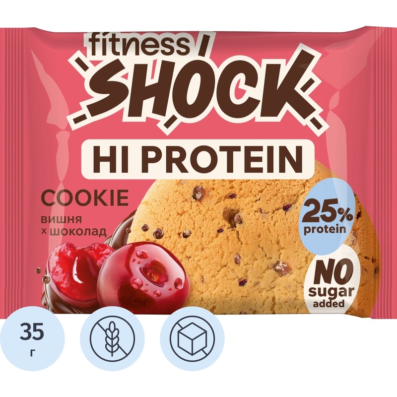 Изображение товара Протеиновое печенье FitnessSHOCK вишня-шоколад 35 г без сахара