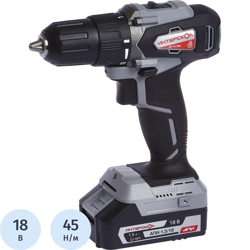 Изображение товара Дрель-шуруповерт аккумуляторная Интерскол ДА-13/18ВК с двумя аккумуляторами