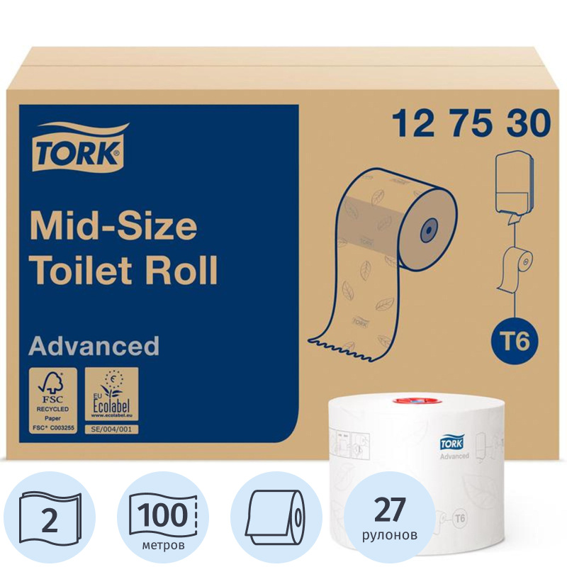 Изображение товара Бумага туалетная Tellus Mid-size Advanced T6 2-слойная белая 100 м