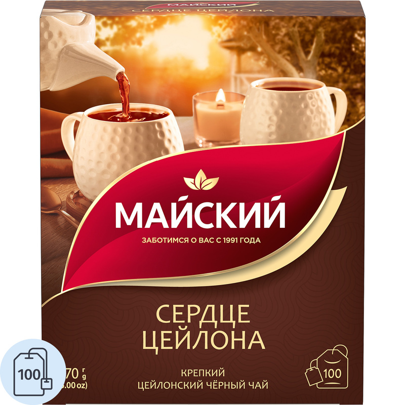 Изображение товара Чай черный Майский Сердце Цейлона 100 пакетиков, насыщенный аромат и классический вкус