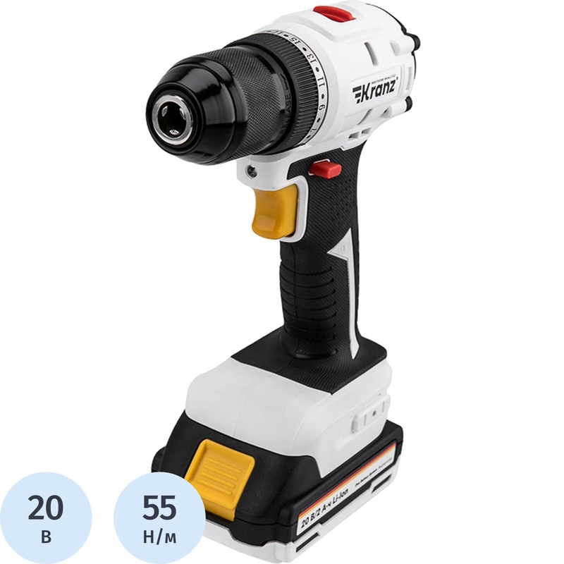 Изображение товара Дрель-шуруповерт аккумуляторная Kranz бесщёточный 2 АКБ Li-Ion (20 В, 2 Ач) +ЗУ в кейсе (KR-PT-055)