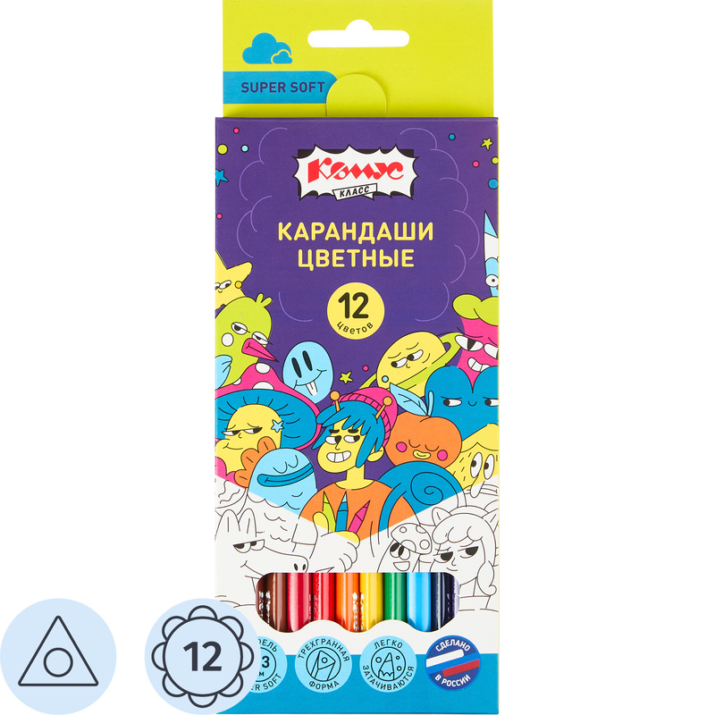 Изображение товара Цветные карандаши Комус Класс Максики Super soft 12 цветов трёхгранные