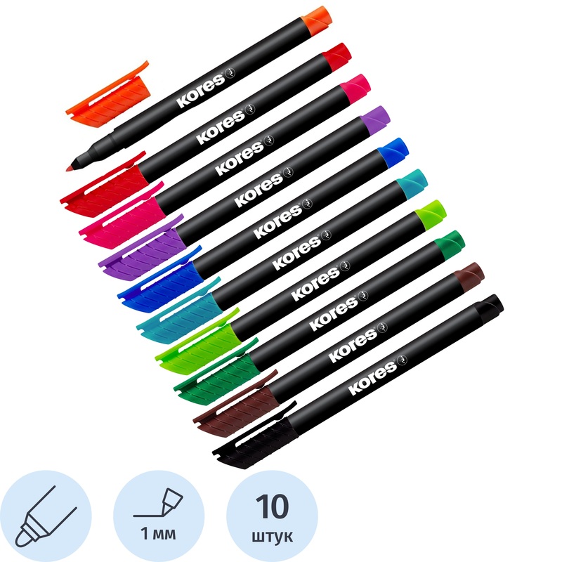 Изображение товара Набор маркеров перманентных Kores 10 цветов (толщина линии 1 мм) круглый наконечник
