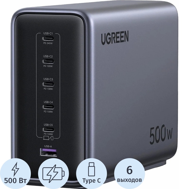Изображение товара Сетевое зарядное устройство Ugreen X759 500 Вт с 6 разъемами и быстрой зарядкой