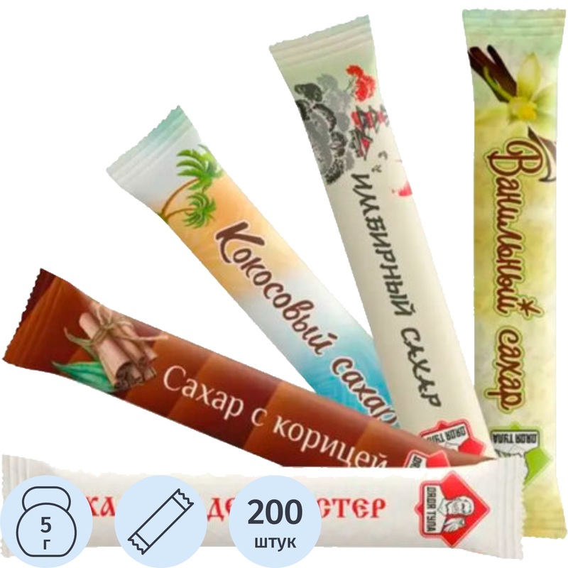 Изображение товара Порционный сахар ассорти Дядя Тула 1 кг 200 стиков натуральный микс с имбирем ванилью кокосом