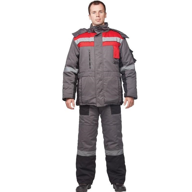 Изображение товара Зимний рабочий мужской костюм з33-КПК серый/красный утепленный водоотталкивающий