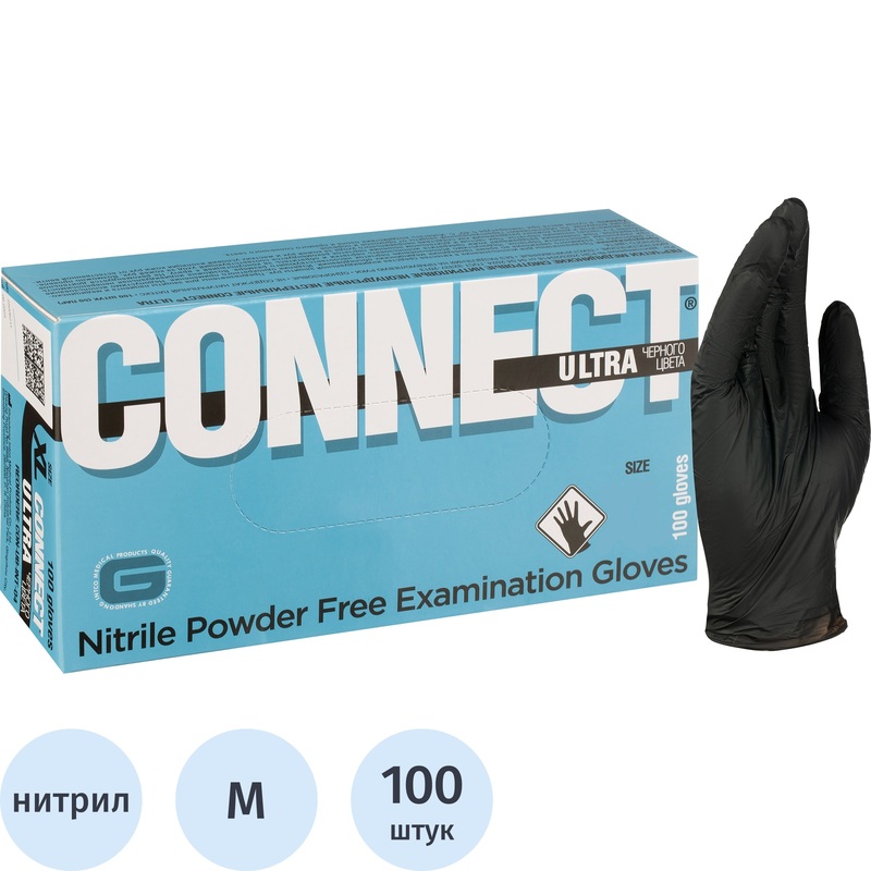 Изображение товара Перчатки медицинские смотровые нитриловые Connect Ultra размер M черные