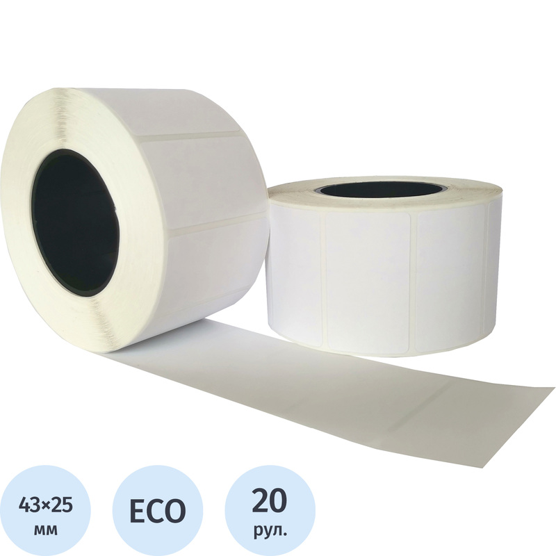 Изображение товара Термоэтикетки 43х25 мм ЭКО для термопринтеров белые рулоны 1000 штук