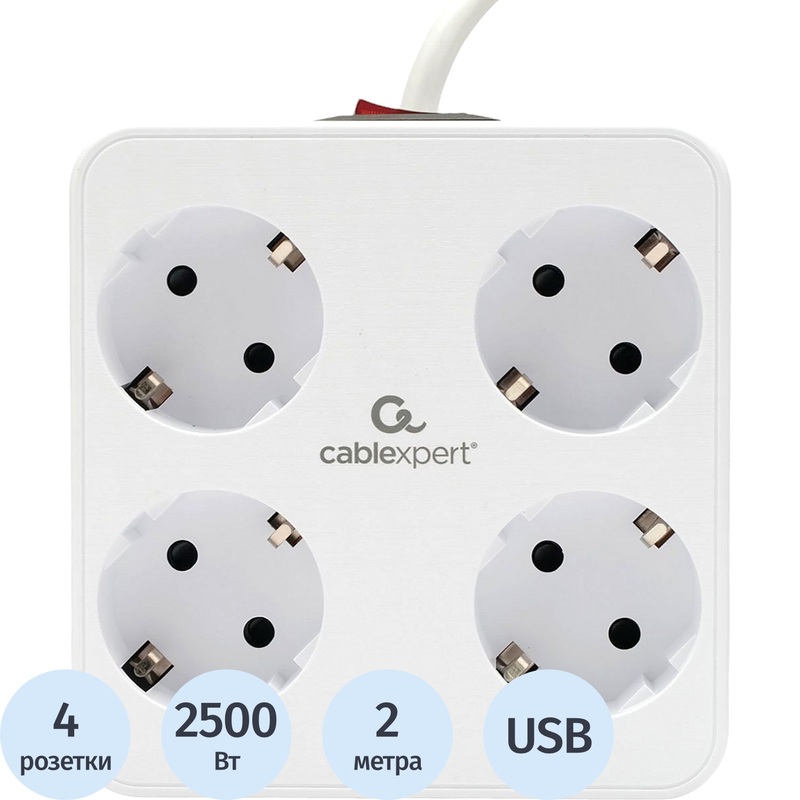 Изображение товара Сетевой фильтр Cablexpert Plate на 4 розетки и 2 USB 2 метра белый