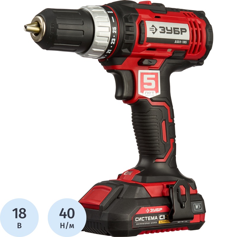 Изображение товара Аккумуляторная дрель-шуруповерт Зубр ДШЛ-185-22 18В с 2 аккумуляторами и кейсом
