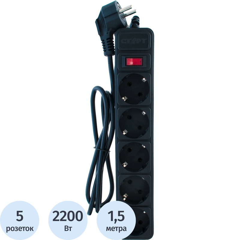 Изображение товара Сетевой фильтр Старт 5 розеток 1.5 м черный с защитой от перегрузки и помех