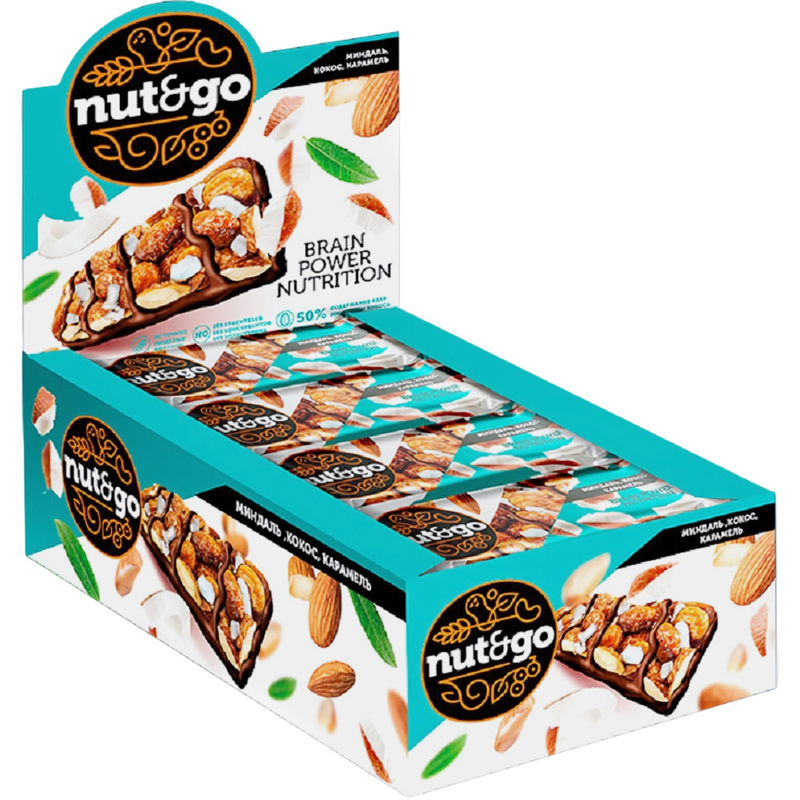 Изображение товара Батончик Nut N Go с миндалем кокосом и карамелью 36г 18 шт Россия