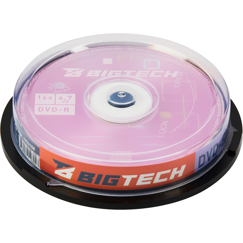 Изображение товара Диск DVD-R BigTech 4.7 ГБ 16x cake box (10 штук в упаковке)