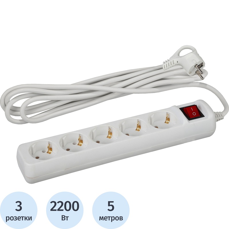 Изображение товара Удлинитель Эра UX-3es-5m 3 розетки 5 м с заземлением и выключателем