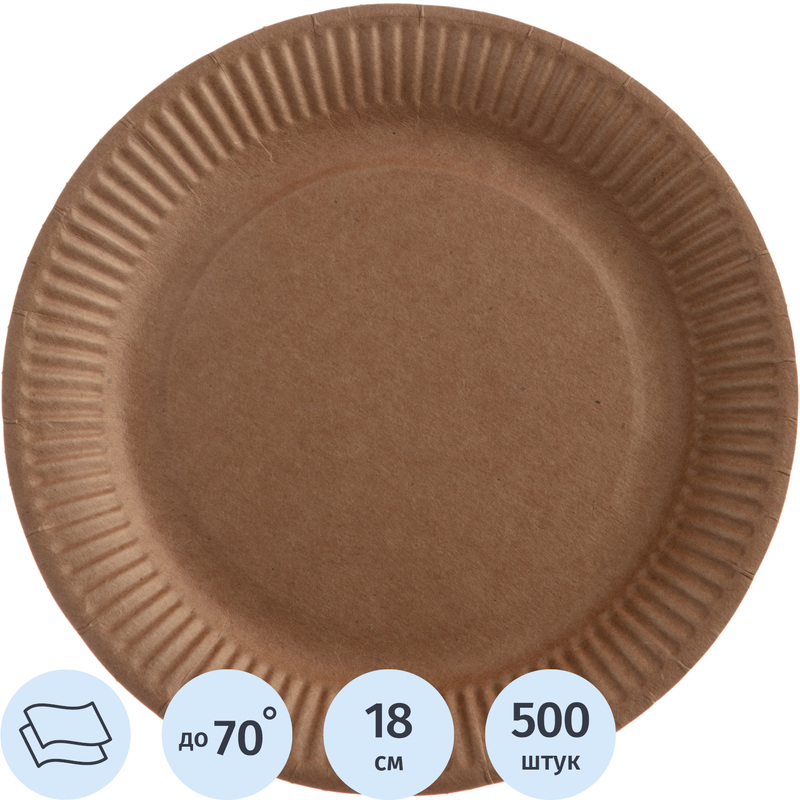 Изображение товара Одноразовая бумажная тарелка Комус 180 мм 500 штук крафт Россия