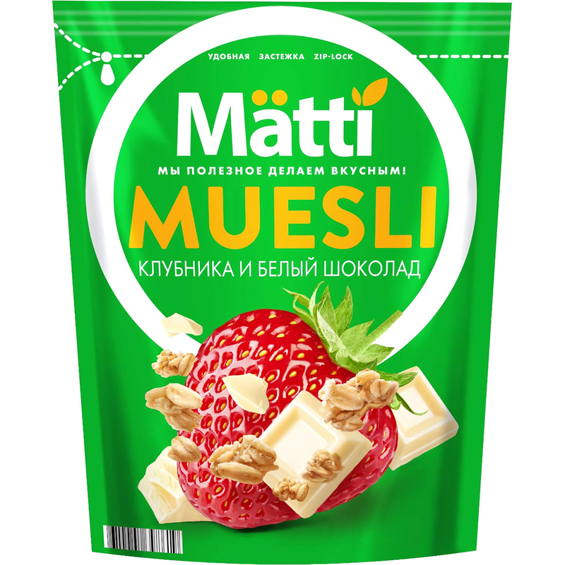 Изображение товара Мюсли Matti клубника и белый шоколад 250 г хрустящие зерновые с ягодами