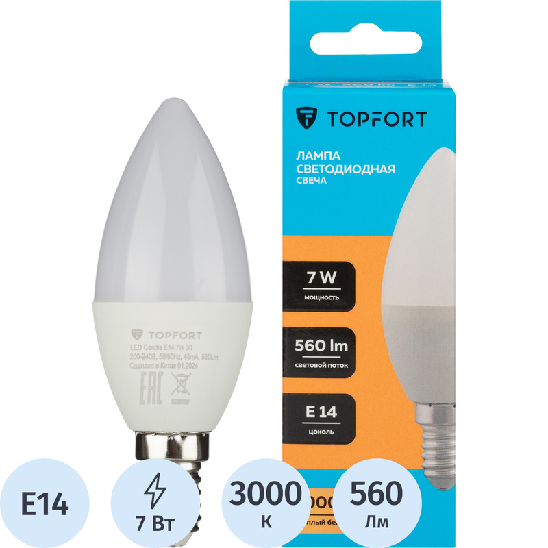 Изображение товара Светодиодная лампа TOPFORT 7 Вт E14 3000К матовая для дома и офиса