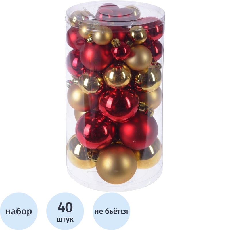Изображение товара Набор ёлочных шаров пластик красный и золотой разнообразные размеры