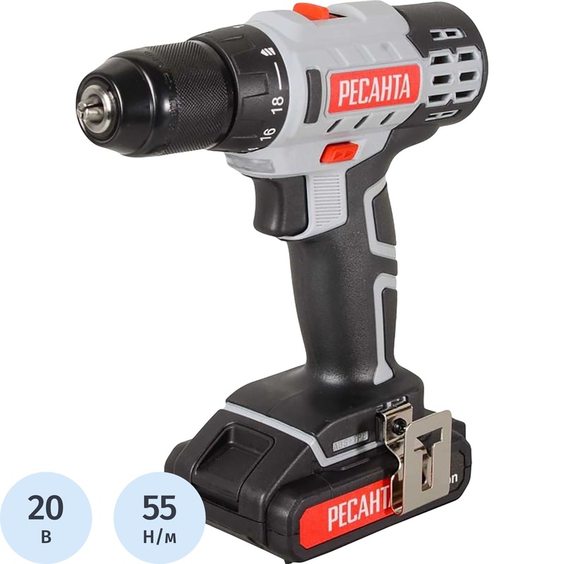 Изображение товара Дрель-шуруповёрт аккумуляторная Ресанта ДА-20-2ЛК 2 АКБ x Li-ion (20 В, 2 Ач)+ЗУ в кейсе (75/14/11)