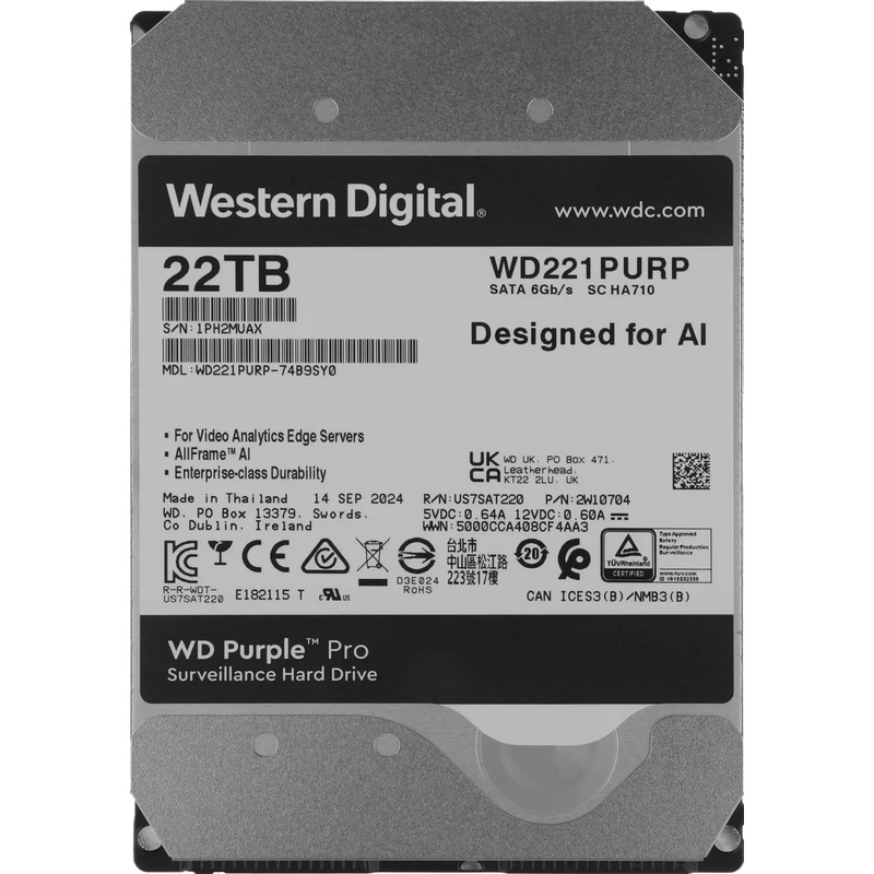 Изображение товара Жёсткий диск Western Digital Purple Pro 22ТБ WD221PURP - надежное хранение данных