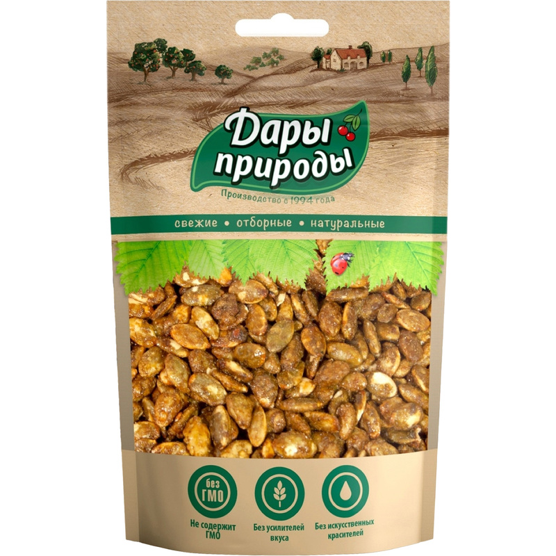 Изображение товара Семечки тыквы Дары природы в карамельной глазури жареные очищенные солёные 70 г