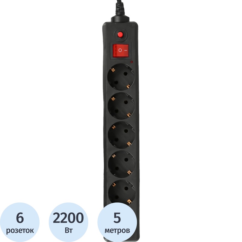 Изображение товара Сетевой фильтр Buro 600SH-5-B на 6 розеток и 5 метров шнура