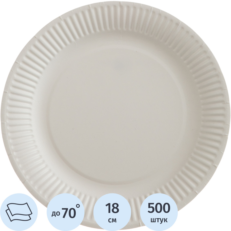 Изображение товара Одноразовые бумажные тарелки Комус Эконом 180 мм 500 штук белые