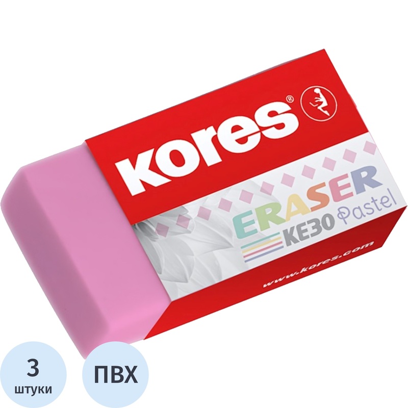 Изображение товара Ластик Kores KE-30 ПВХ прямоугольный 40x21x10 мм 3 штуки