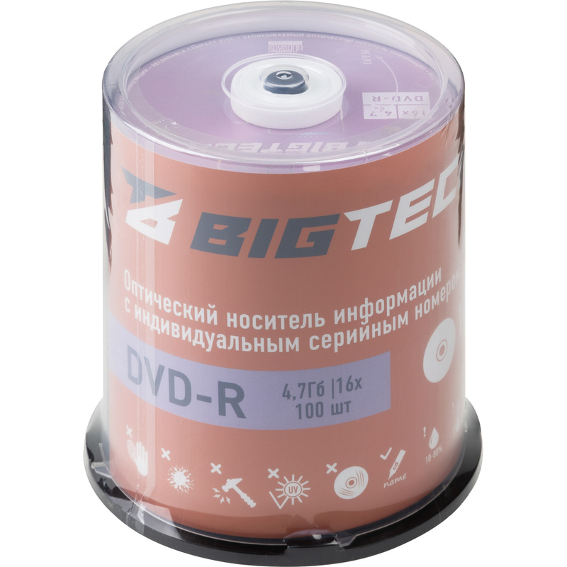 Изображение товара Диск DVD-R BigTech 4.7 ГБ 16x 100 штук упаковка cake box