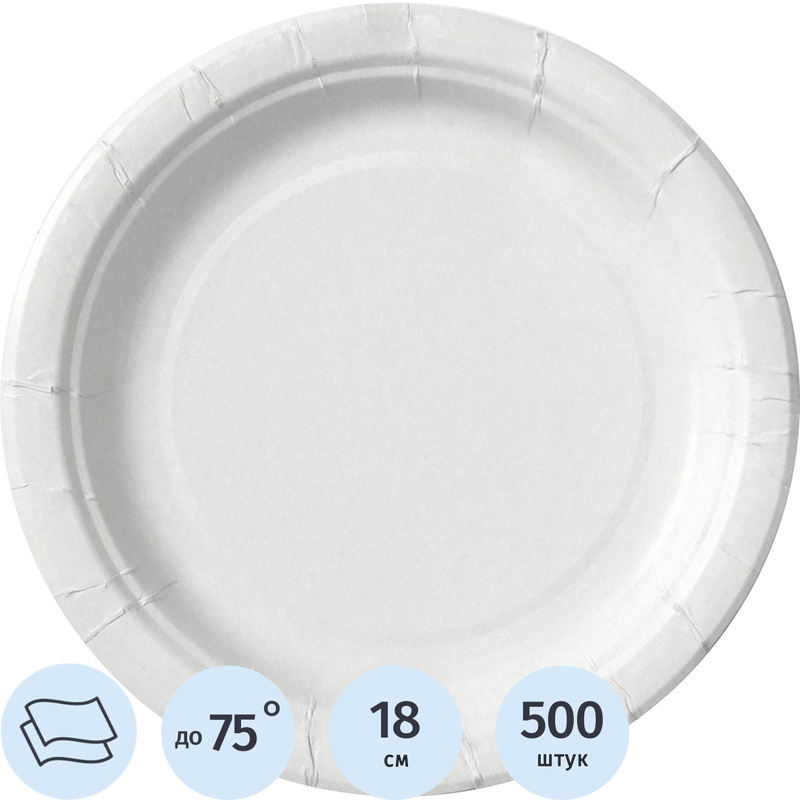 Изображение товара Одноразовая бумажная тарелка Эконом 180 мм белая 500 штук