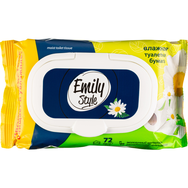 Изображение товара Влажная туалетная бумага Emily Style 72 листа с экстрактами ромашки и алоэ вера