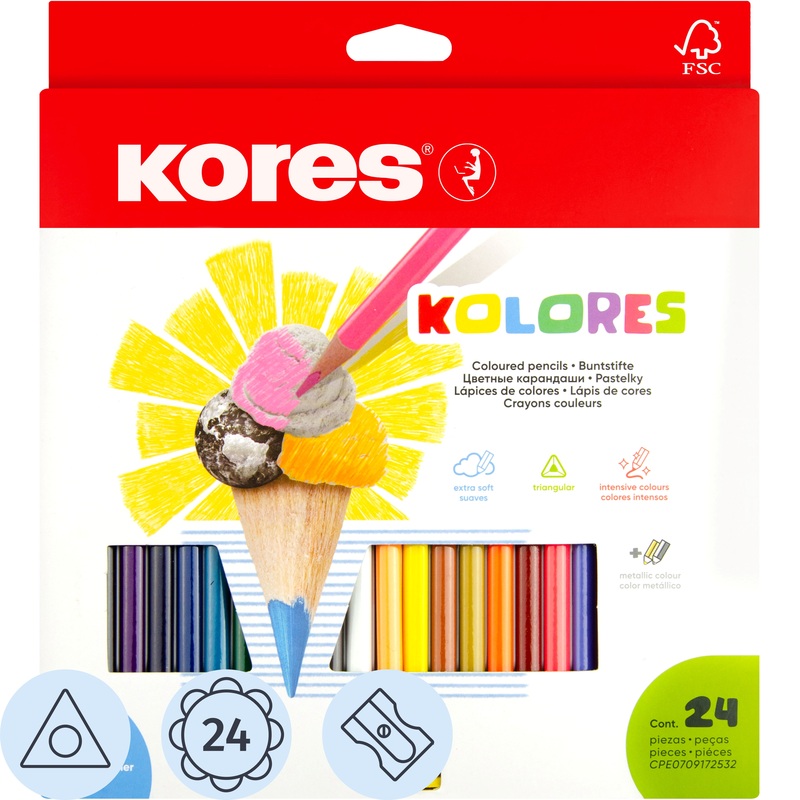 Изображение товара Цветные трёхгранные карандаши Kores Kolores 24 века школьные для рисования