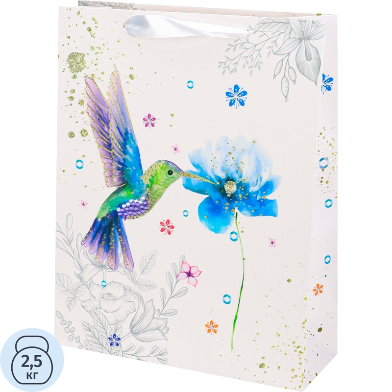 Изображение товара Пакет подарочный ламинированный с тиснением Миленд Колибри с цветком (23x18x10 см)
