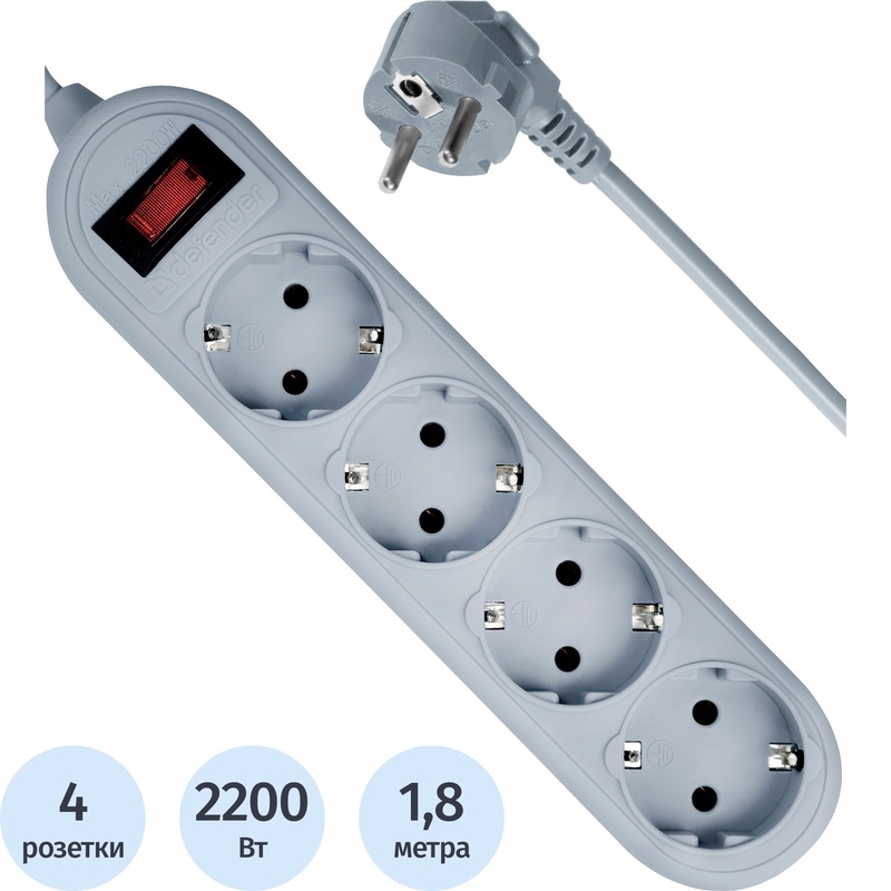 Изображение товара Сетевой фильтр Defender ES Lite 1.8 на 4 розетки 1.8 метра
