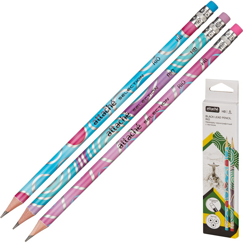Изображение товара Карандаш чернографитный HB с ластиком Attache Selection Rio заточенный круглый (6 штук в упаковке)