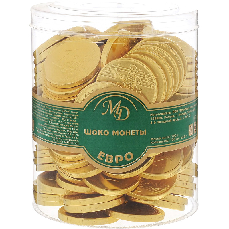 Изображение товара Шоколадные монеты порционные в банке Евро 720 г