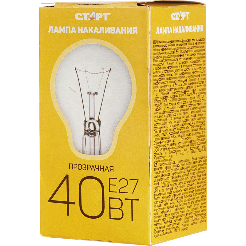 Изображение товара Лампа накаливания Старт 40 Вт с цоколем E27 и 710 Лм