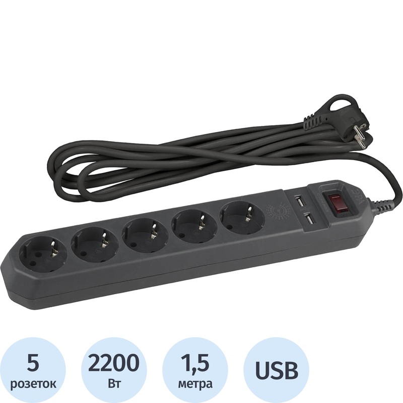 Изображение товара Сетевой фильтр ЭРА USF-5es-1.5m-USB-B на 5 розеток и USB, 1.5 м, черный