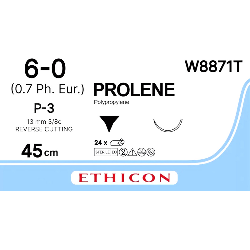 Изображение товара Шовный материал Пролен 6/0 45 см с обратно-режущей иглой 13 мм 3/8 W8871T 24 шт