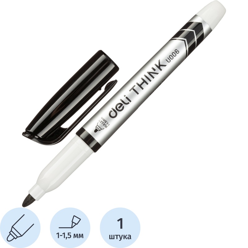 Изображение товара Маркер для белых досок Deli Think черный 12 шт, тонкий круглый наконечник