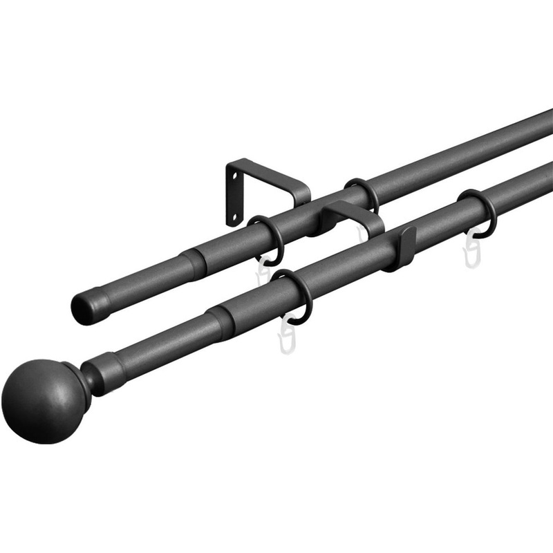 Изображение товара Карниз для штор двухрядный 15.551 телескопический с кольцами чёрный матовый (160-300 см)